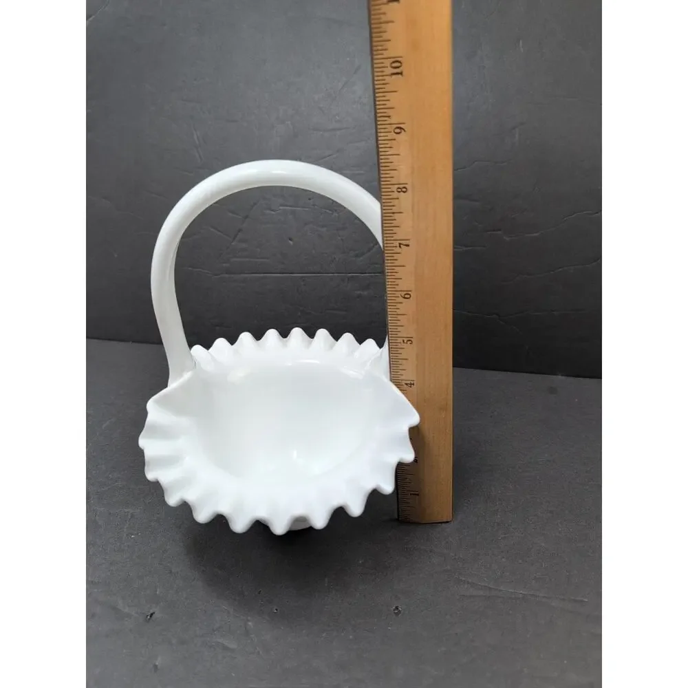 Vintage Fenton Art Glass Milk Glass Hobnail Crimped Basket Candy Dish Handle